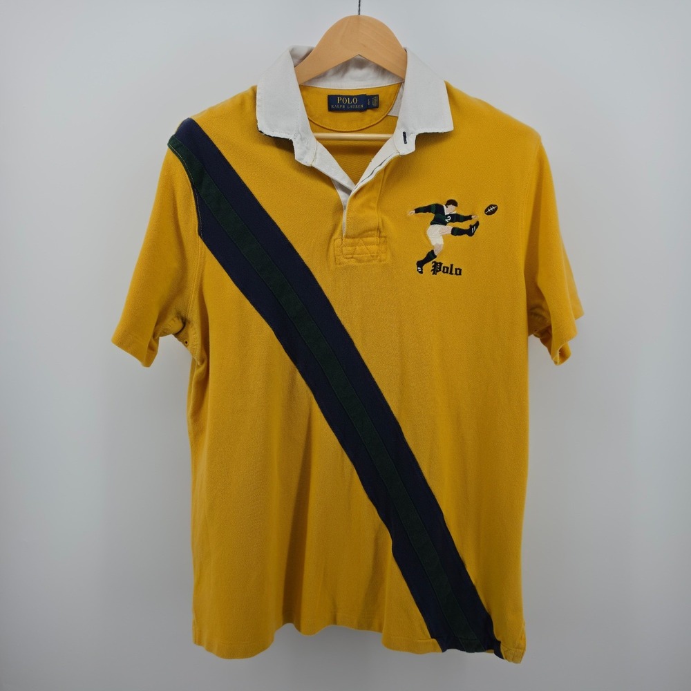 Polo Ralph Lauren Rugby Shirt Mens Large Yellow Short Sleeve Sash Kicker Logo